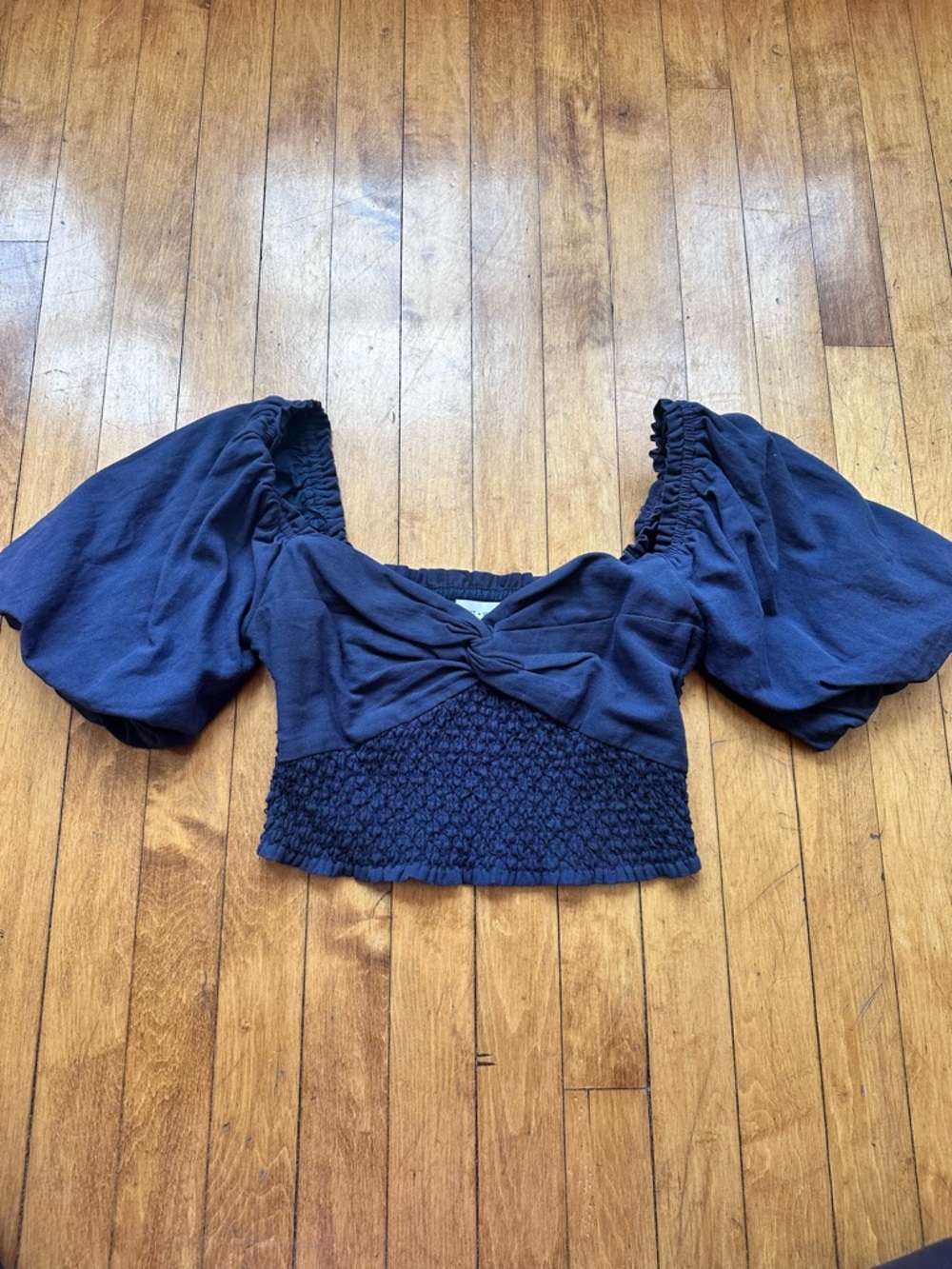 Lost + Wander Navy Puff-Sleeve Smocked Twist Crop Top